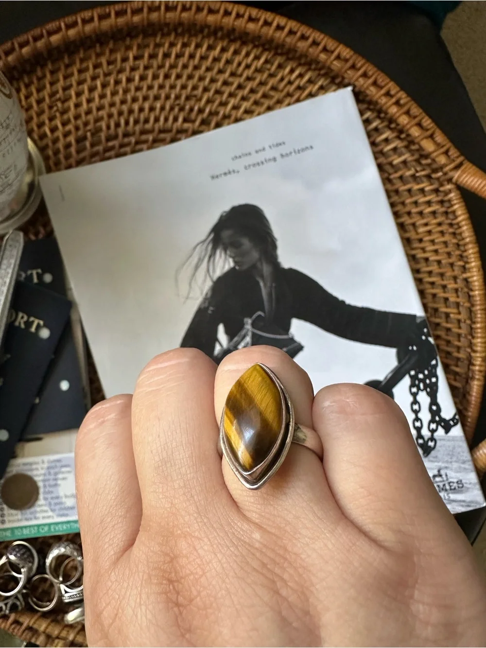 Vintage Sterling Silver Ring with Marquise Tiger's Eye Stone Size 8